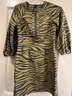 Veronica Beard Olive and Black Zebra Shift Dress with Front Zip
